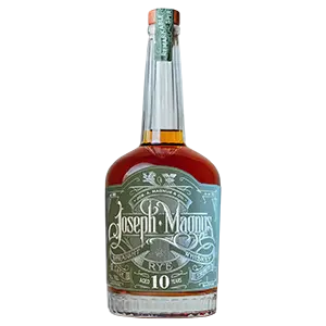 Bottle of Joseph Magnus 10 Year Cask Strength Rye Whiskey with its ornate green and white label and wax-sealed cork
