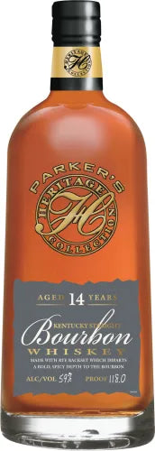 Bottle of Parker's Heritage Collection 20th Edition 14 Year Rye Backset Bourbon with a gold and gray label