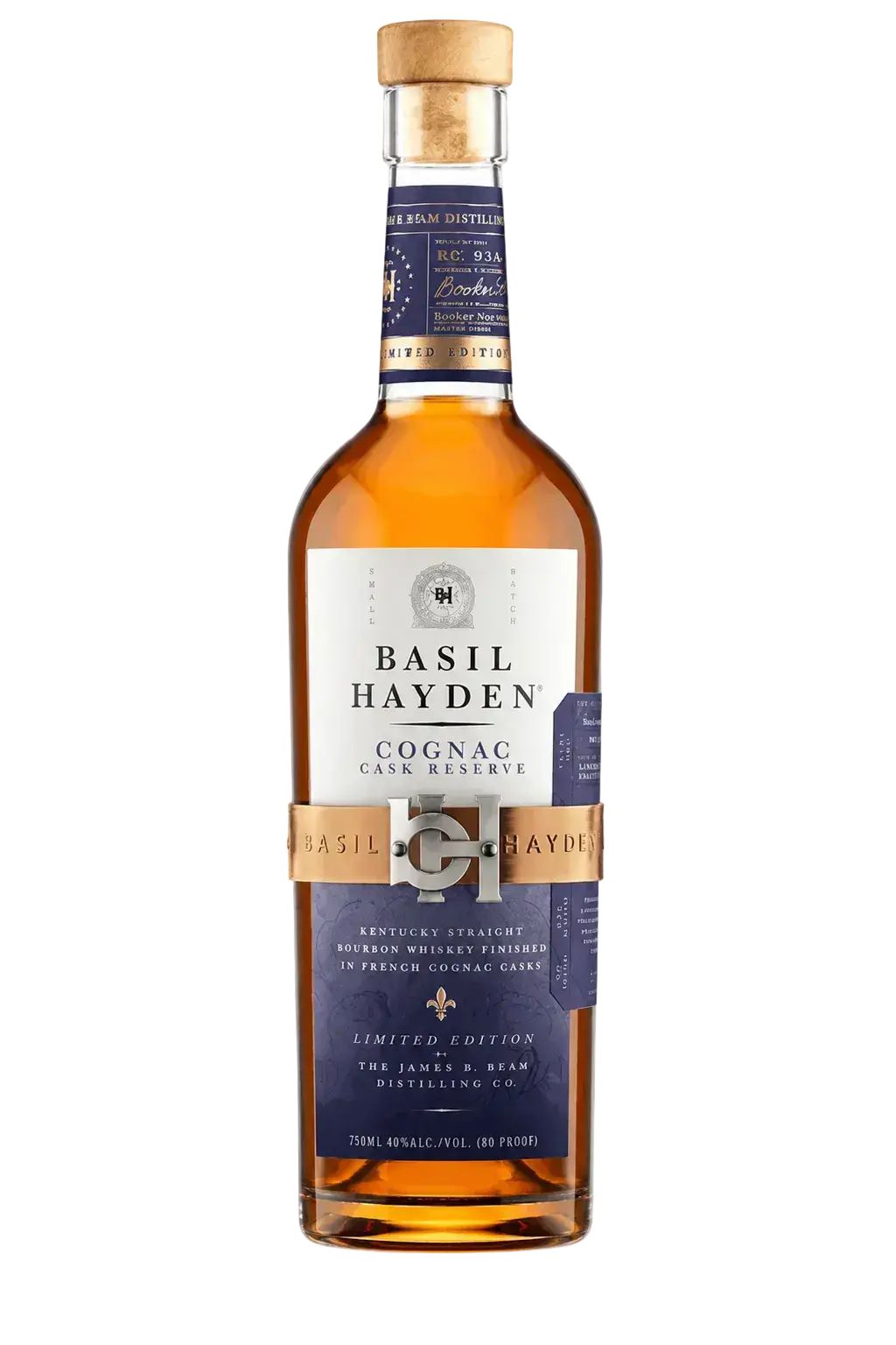 Bottle of Basil Hayden Cognac Cask Reserve Kentucky Straight Bourbon Whiskey with navy and white label and gold band