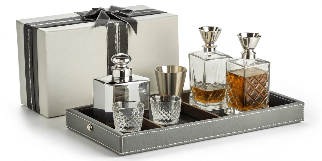 A premium alcohol gift set with a decanter, glasses, and elegant gift box.