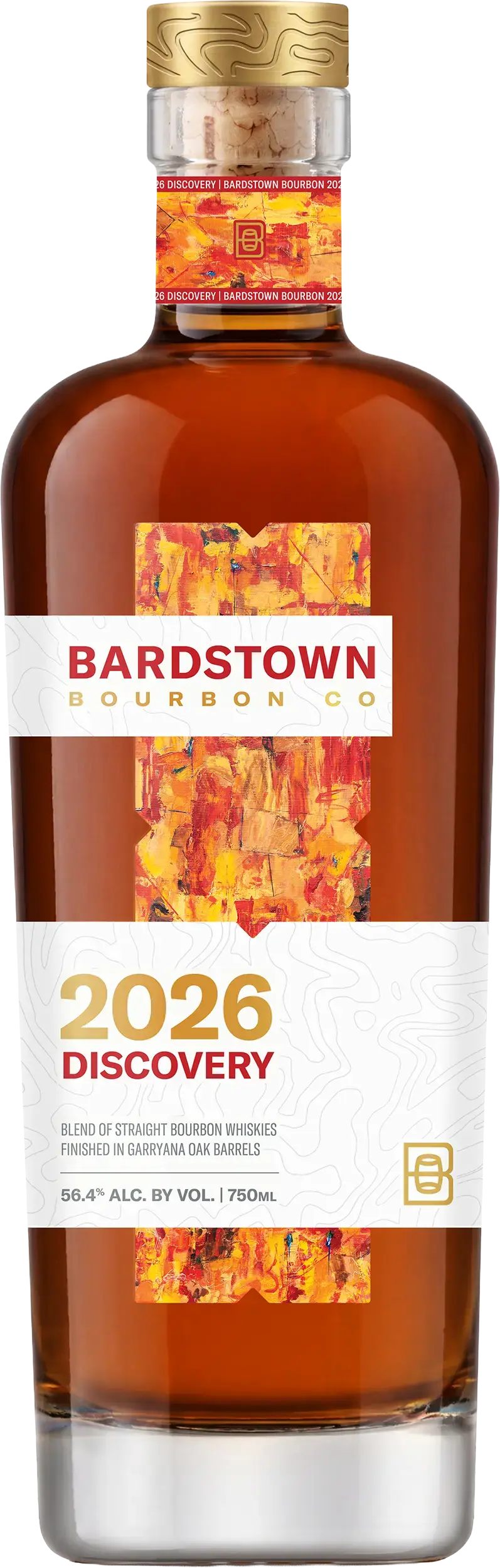 Bottle of Bardstown Bourbon Company 2026 Discovery Garryana Oak Finish with abstract orange artwork label