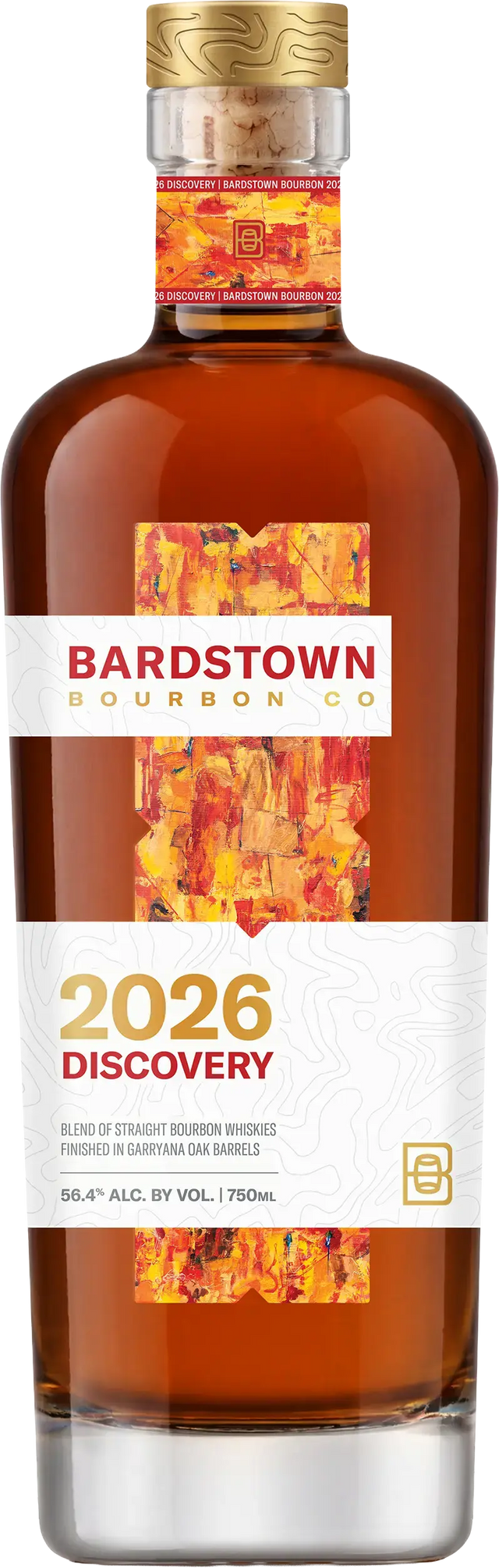 Bottle of Bardstown Bourbon Company 2026 Discovery Garryana Oak Finish with abstract orange artwork label