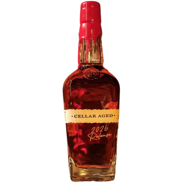 Bottle of Maker's Mark Cellar Aged 2026 Straight Bourbon with red wax seal and gold lettering