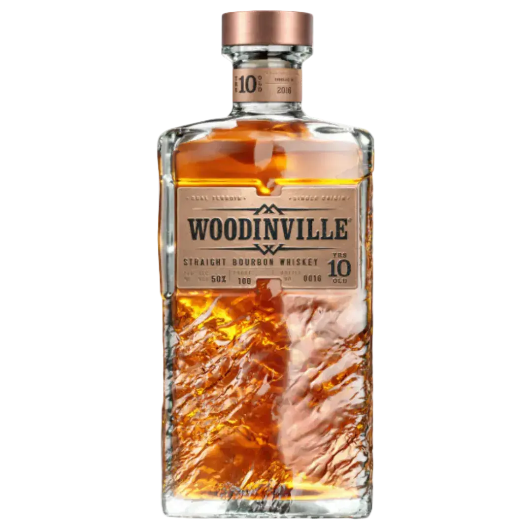 Bottle of Woodinville Straight Bourbon Whiskey Aged 10 Years 100 Proof with copper cap and textured glass