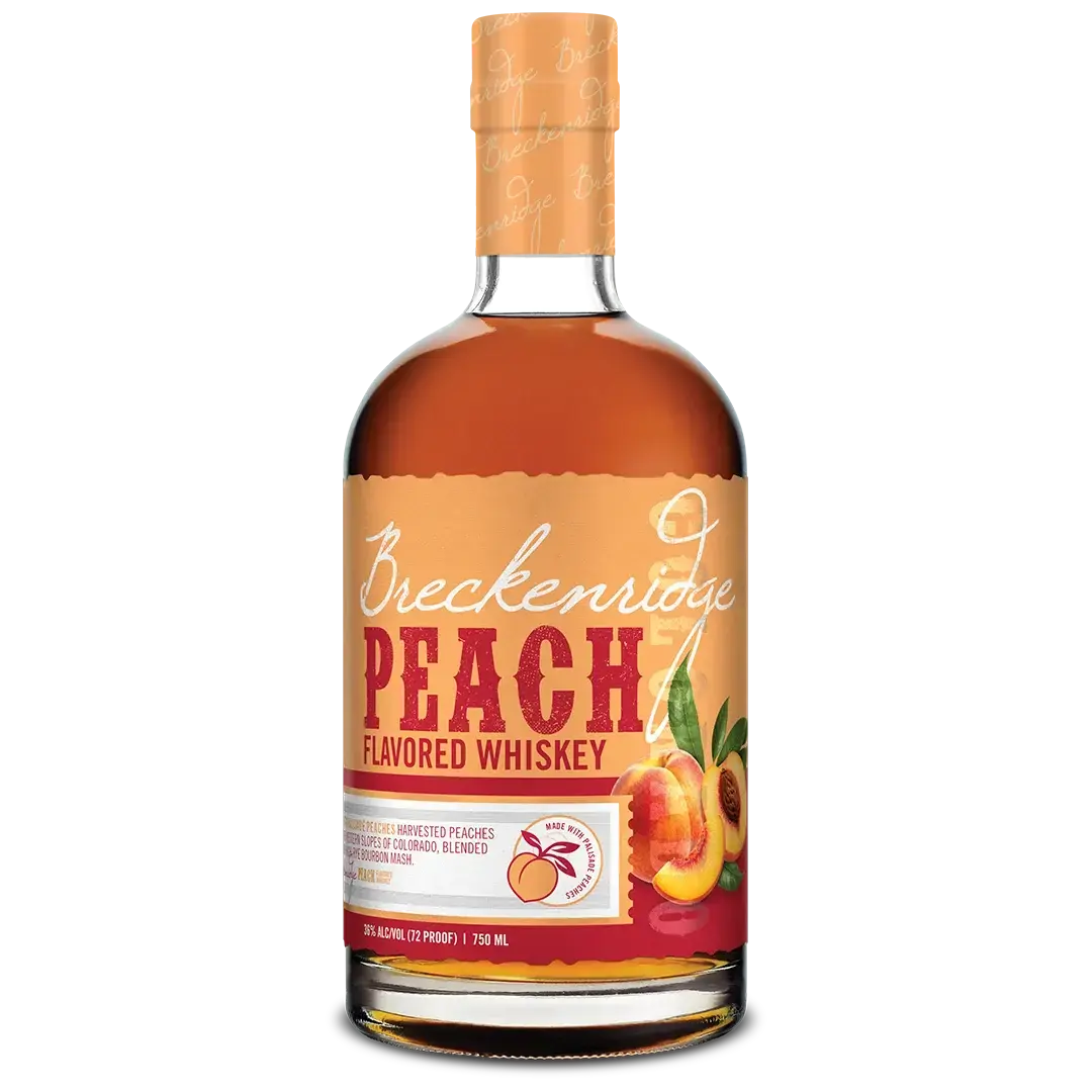 Bottle of Breckenridge Peach Whiskey from Breckenridge Distillery with orange Palisade peach label