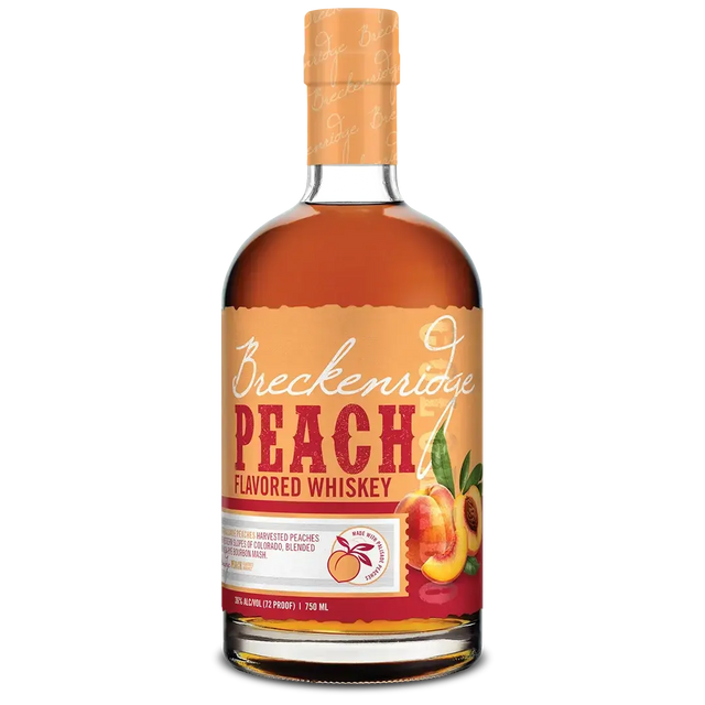 Bottle of Breckenridge Peach Whiskey from Breckenridge Distillery with orange Palisade peach label