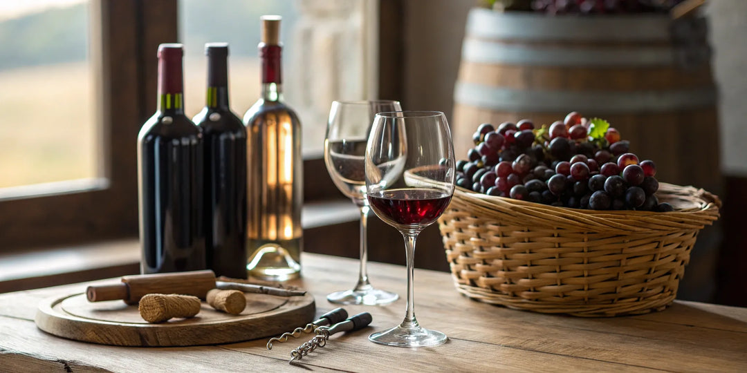 A rustic table set with wine bottles and glasses from a top online liquor store.