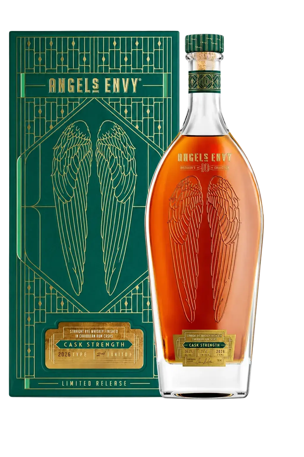 Angel's Envy 10 Year Cask Strength Rye 2026 bottle beside its green and gold gift box