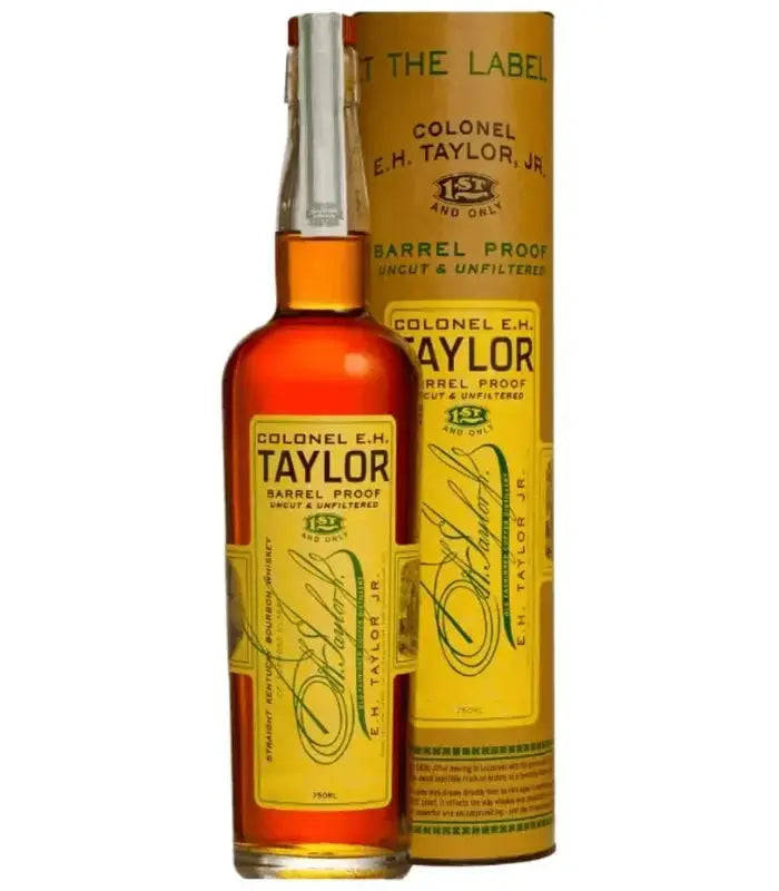 Colonel E.H. Taylor, Jr. Barrel Proof Bourbon Batch 15 bottle with its yellow presentation tube