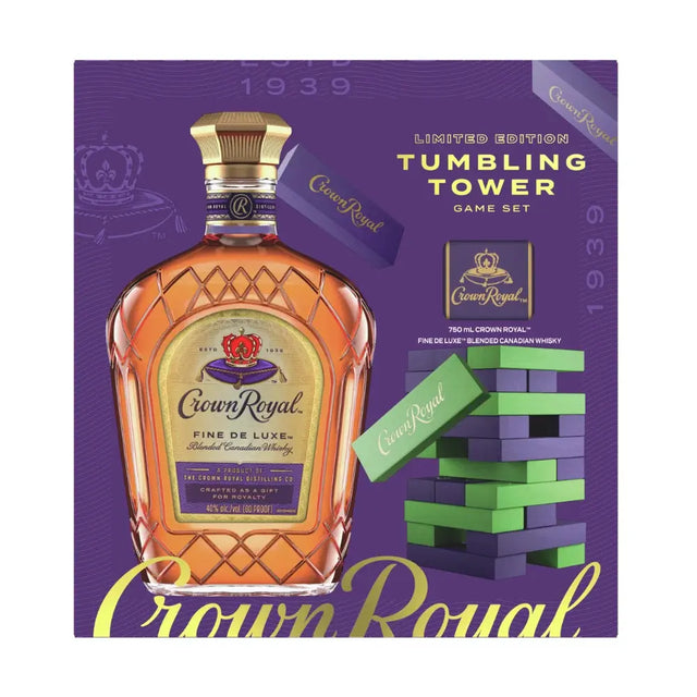 Crown Royal Deluxe with Tumbling Tower Gift Set in purple box showing the whisky bottle and branded tower game pieces