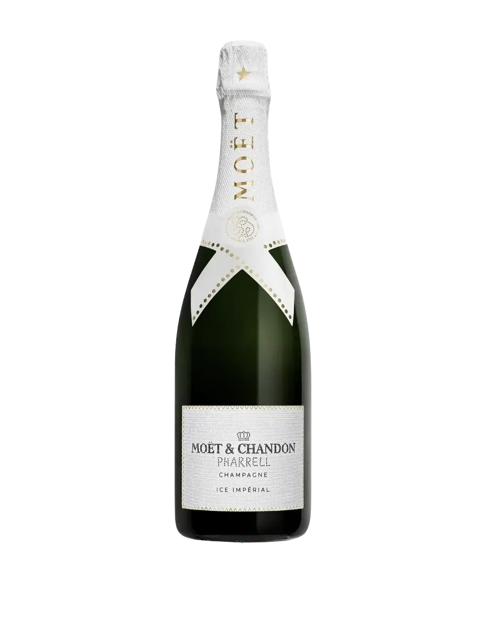 Bottle of Moët & Chandon x Pharrell Williams Ice Impérial Limited Edition Champagne with white and gold label