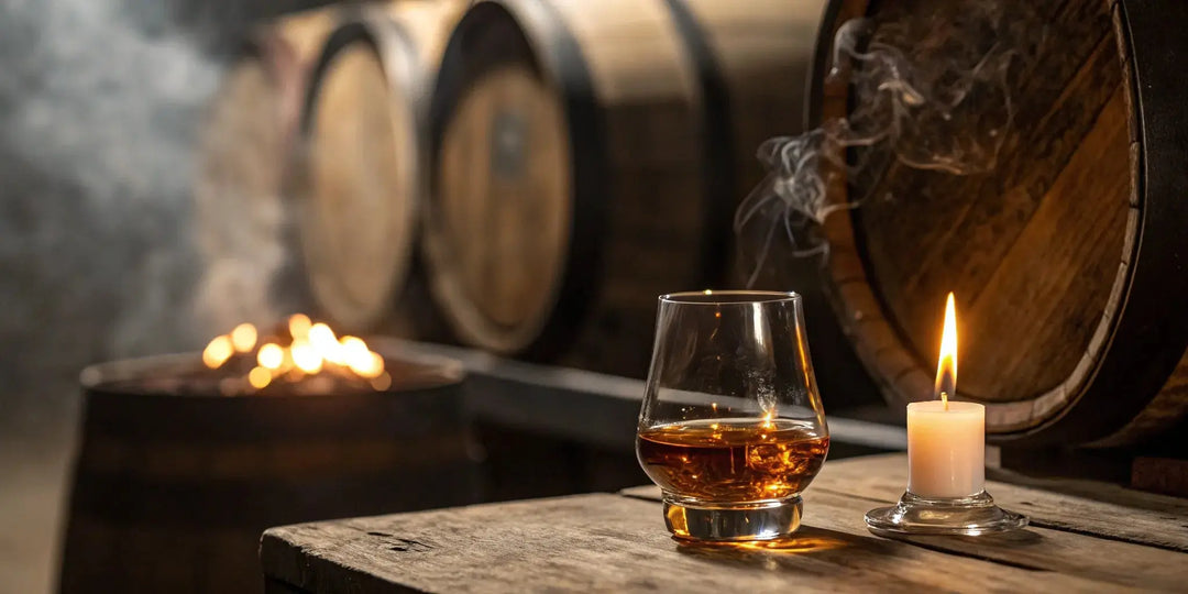 Glass of 1924 limited edition bourbon barrel aged wine beside bourbon barrels.