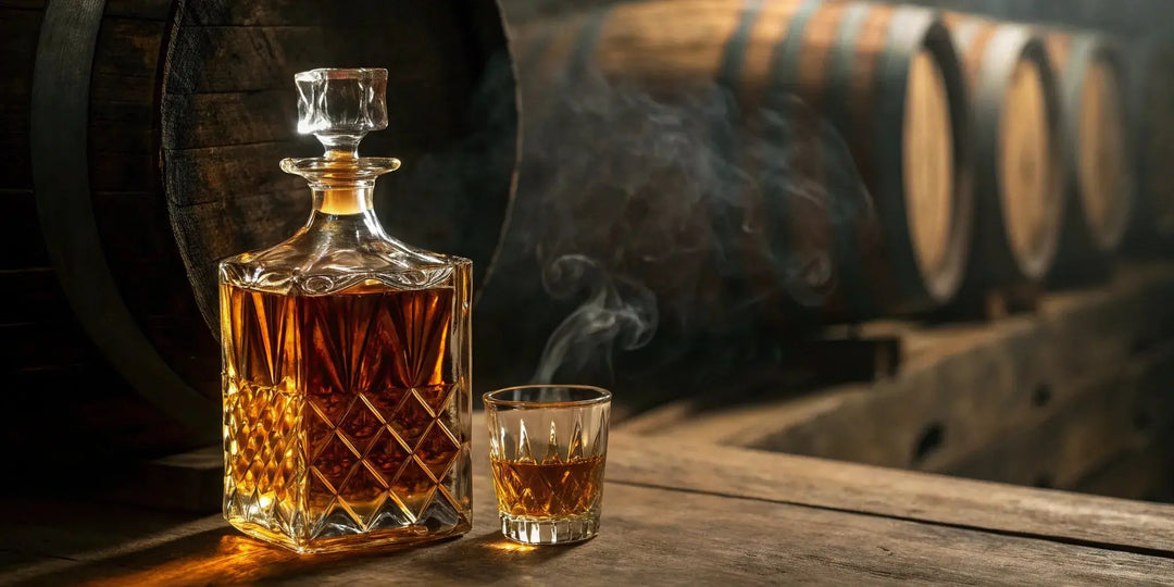 Booker's limited edition Barry's Batch bourbon in a glass and decanter on an aging barrel.