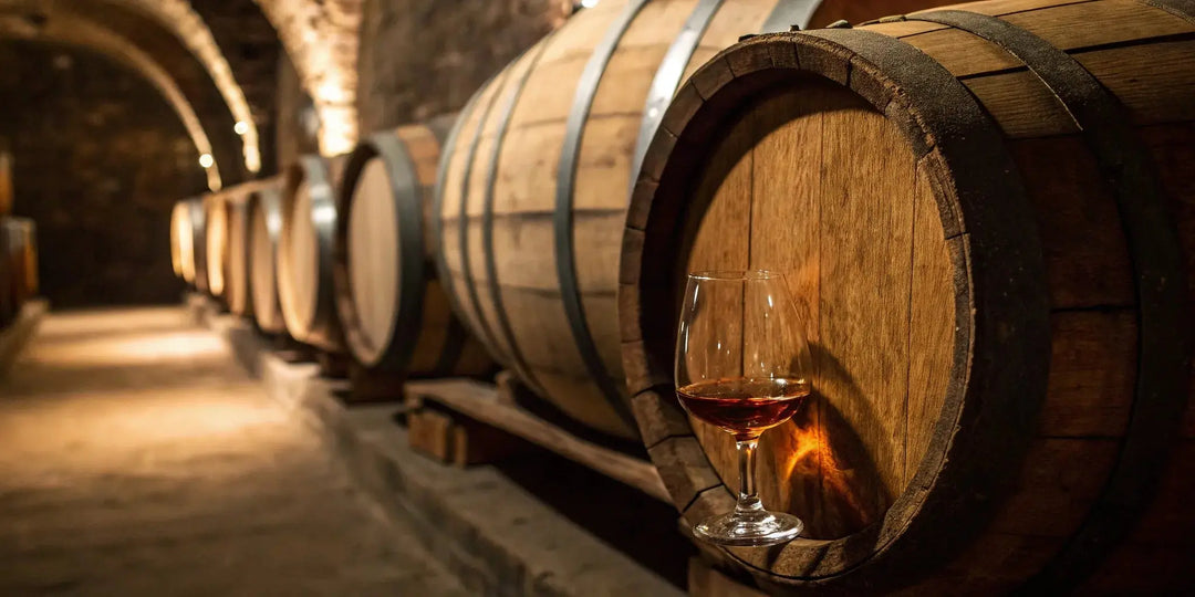 A glass of A. Smith Bowman Cask Strength bourbon on a barrel in a dimly lit aging cellar.