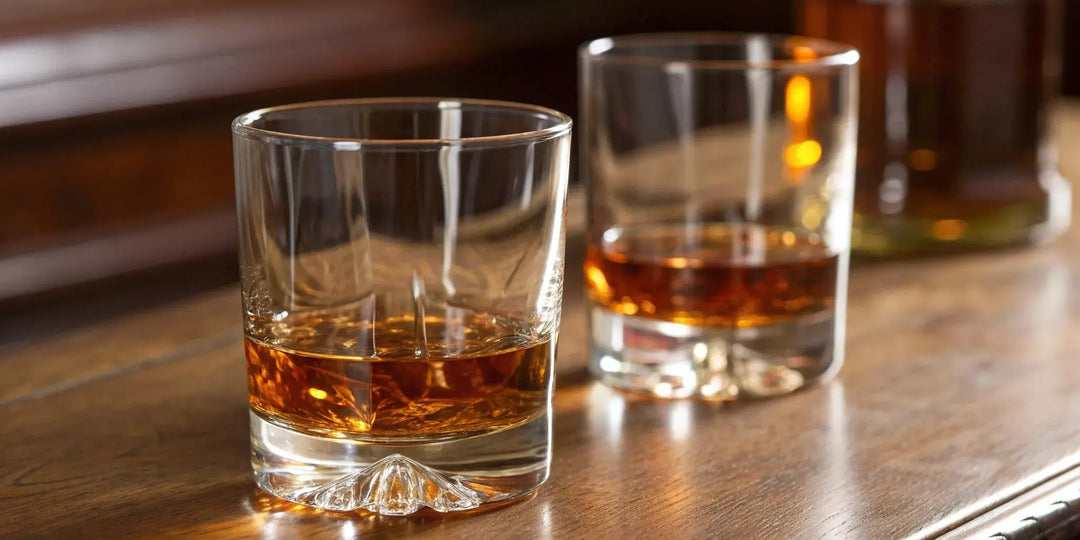A side-by-side comparison of bourbon and whiskey in glasses on a wooden table.