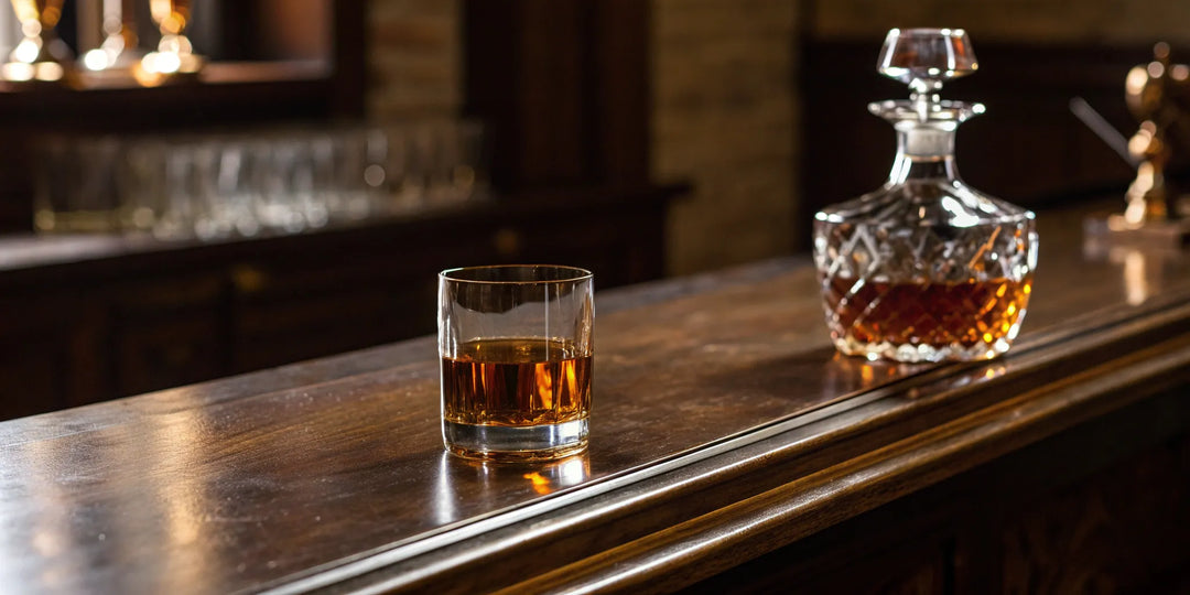 A glass of Buffalo Trace bourbon with a decanter, ready for a review.