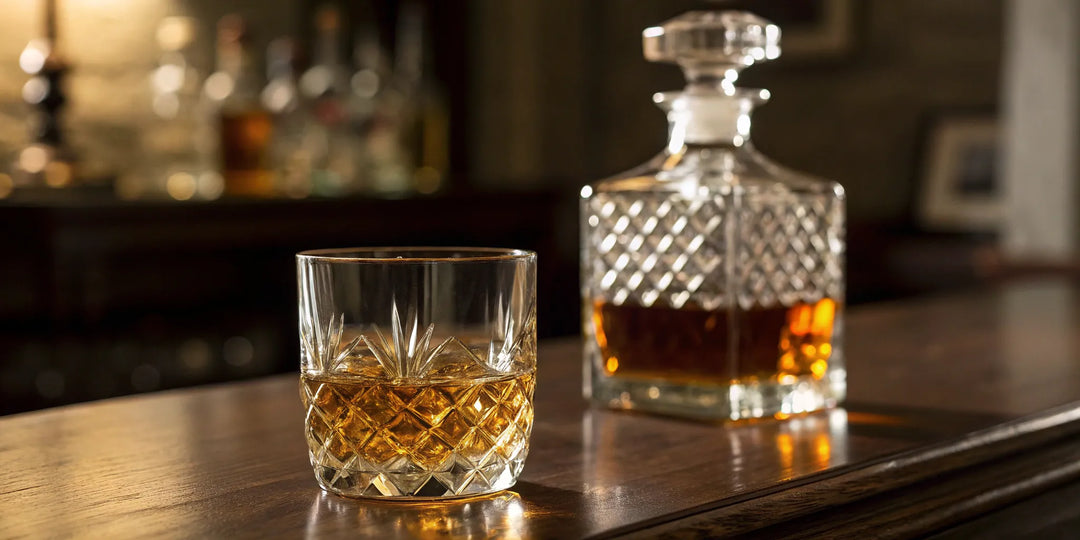 A glass and decanter of Crown Royal Canadian whisky on a wooden bar.