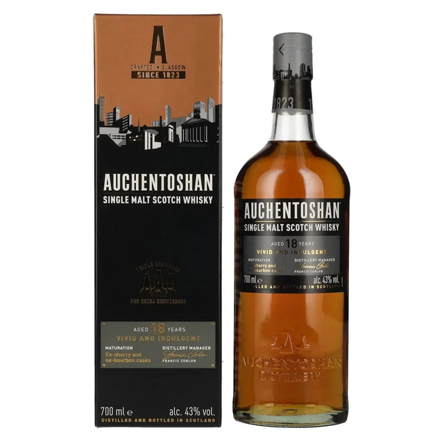 Bottle of Auchentoshan 18 Year Old Single Malt Scotch Whisky beside its presentation box