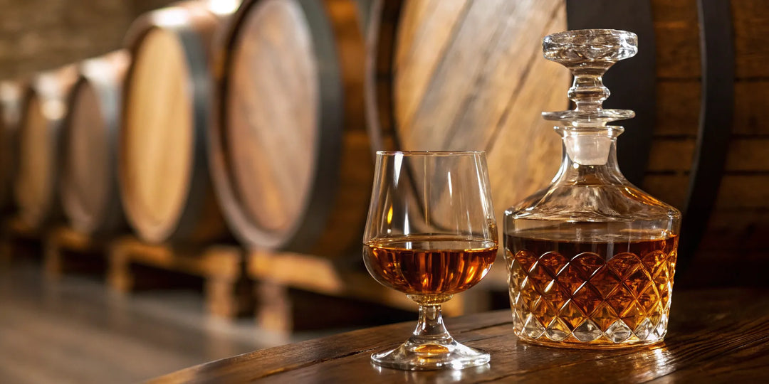 A glass of EH Taylor Barrel Proof bourbon with its bottle and aging barrels.