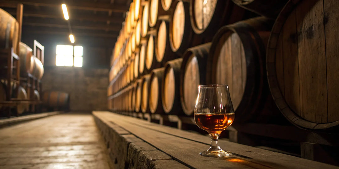 A glass of Fierce Whiskers bourbon in the distillery's rickhouse, surrounded by aging whiskey barrels.