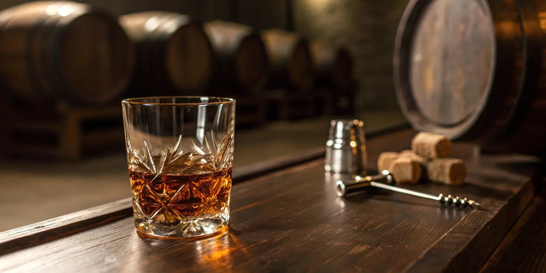 Henry McKenna 10 Year bourbon poured in a glass in front of aging barrels.