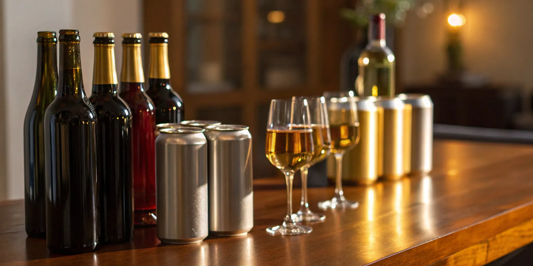 A selection of liquor bottles and glasses from a top-rated online shop.