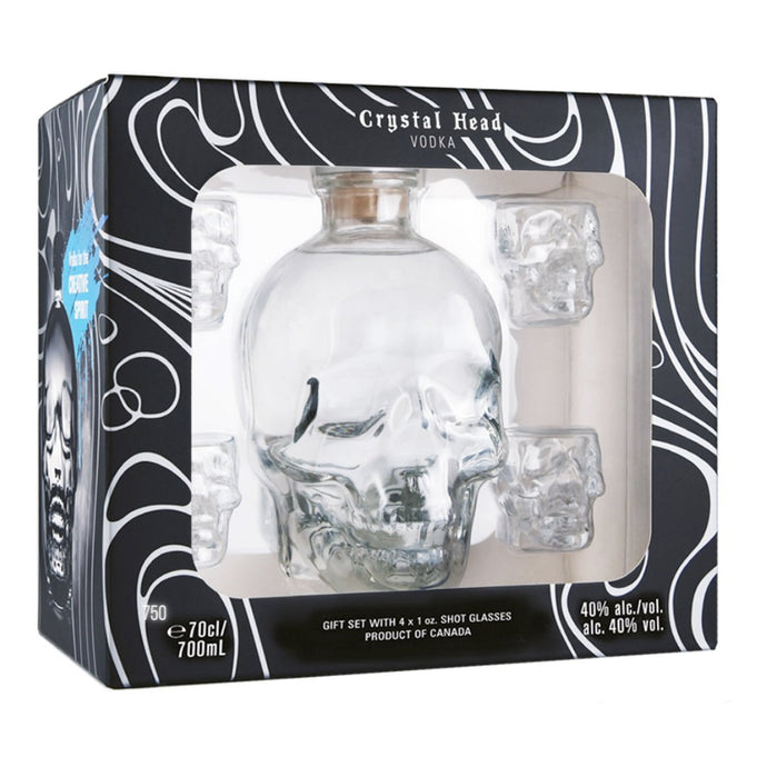 Introducing the Crystal Head Vodka Gift Set with 4 Skull Shot Glasses