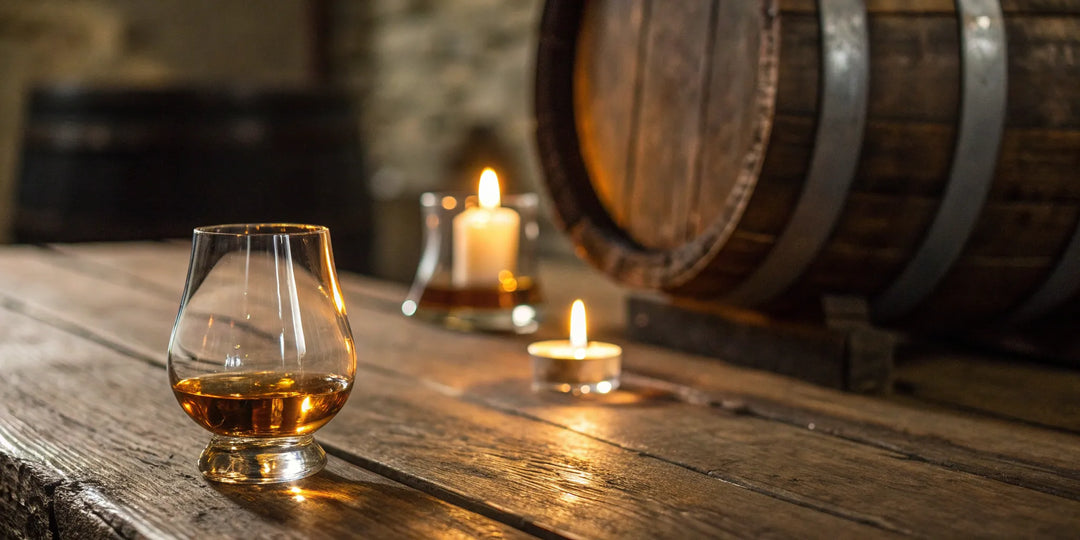 A glass of Jack Daniel's Tennessee whiskey on a rustic table next to a charred oak barrel.