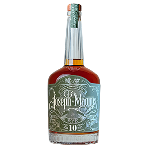 Bottle of Joseph Magnus 10 Year Cask Strength Rye Whiskey with its ornate green and white label and wax-sealed cork