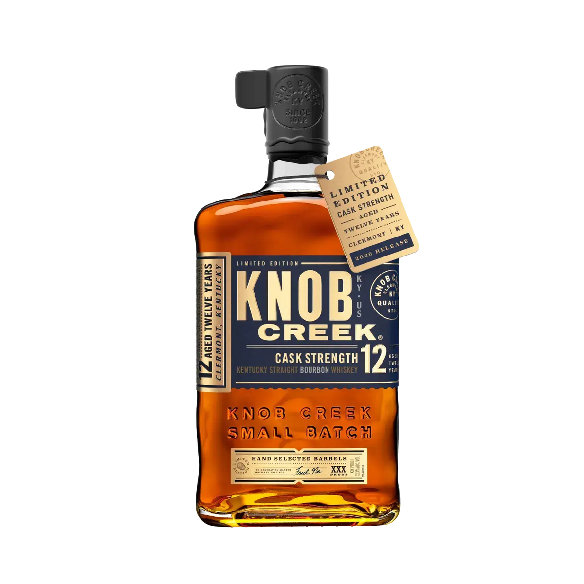 Bottle of Knob Creek 12 Year Old Cask Strength Kentucky Straight Bourbon with 2026 limited edition neck tag