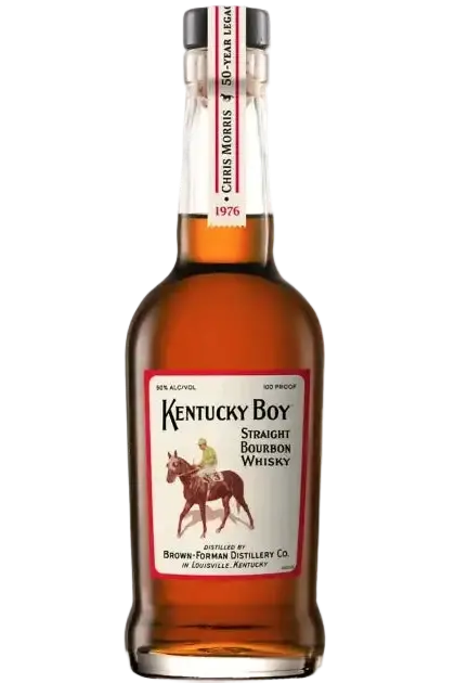 Bottle of Kentucky Boy Chris Morris 50-Year Legacy Straight Bourbon Whiskey with Thoroughbred racing label and commemorative neck strip