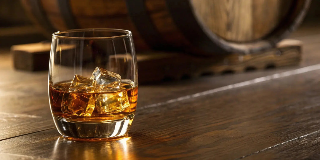 Knob Creek bourbon served on the rocks next to a whiskey barrel.