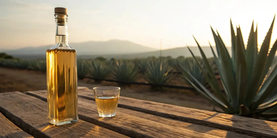 A bottle and poured glass of La Gritona Tequila on a table in front of agave plants.
