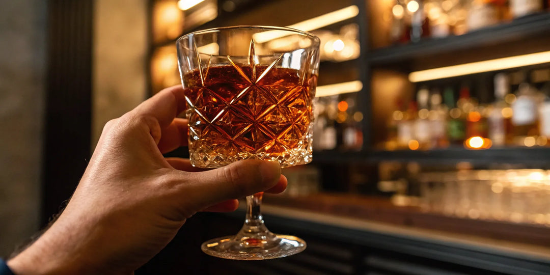 Hand holding a glass of whiskey, part of a liquor store order placed online.