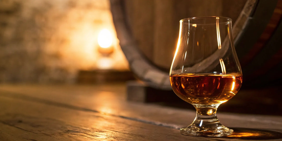 A glass of Monkey Shoulder scotch on a wooden table in front of an oak barrel.