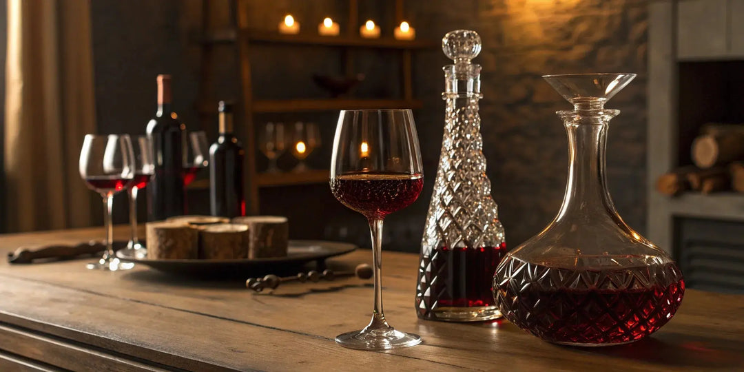 New Amsterdam liquor cocktails served in crystal glasses from a decanter on a wooden table.