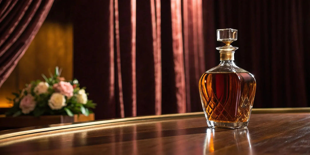 Old Forester Birthday Bourbon in a crystal decanter on a polished wood bar.