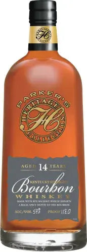 Bottle of Parker's Heritage Collection 20th Edition 14 Year Rye Backset Bourbon with a gold and gray label