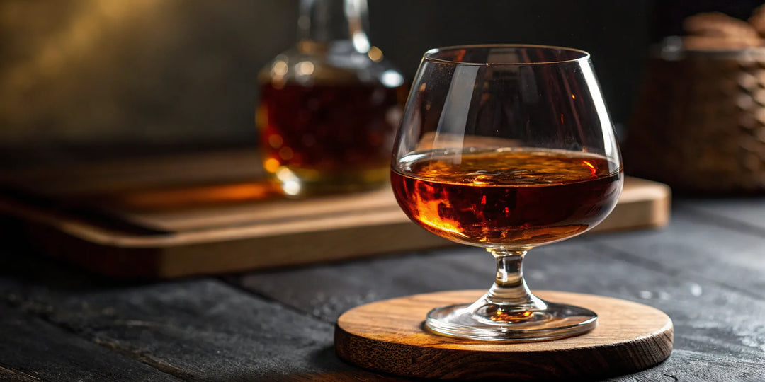 A bottle of Paul Masson brandy with a glass poured for a tasting.