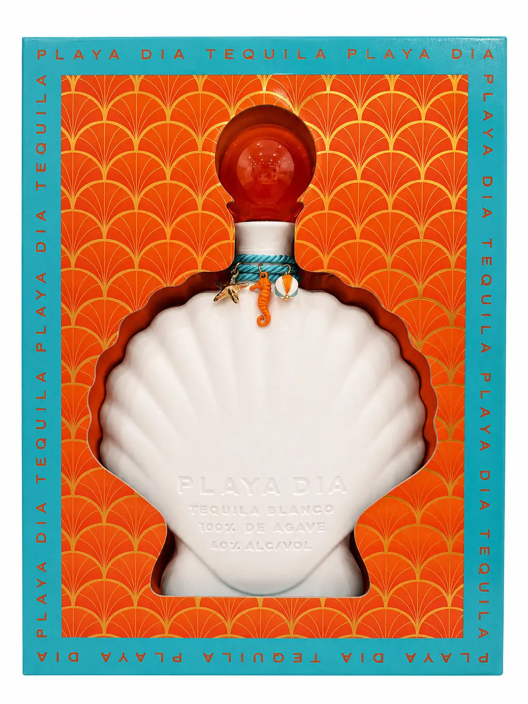 Shell-shaped white bottle of PLAYA DIA Blanco Tequila with turquoise detailing and orange cap, beside its patterned gift box