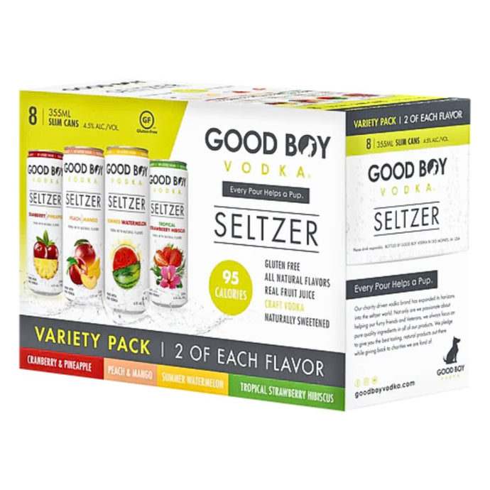 "Refreshing Good Boy Seltzer Cocktail Variety Pack - A Drink for a Cause!"