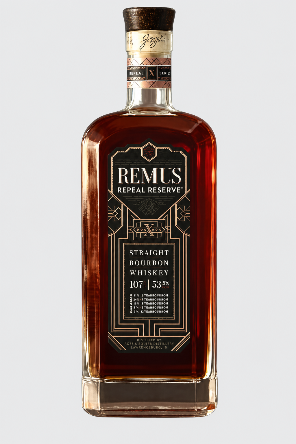 Bottle of Remus Repeal Reserve Series X Straight Bourbon Whiskey with dark gold-accented label and cork stopper