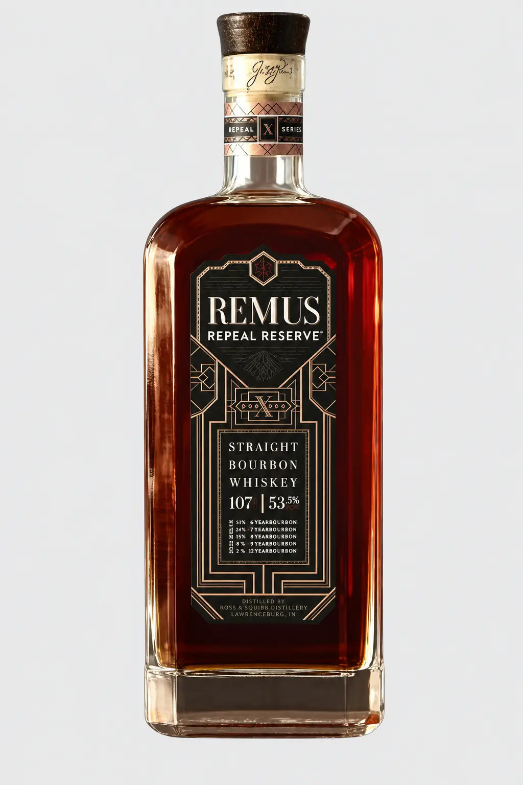 Bottle of Remus Repeal Reserve Series X Straight Bourbon Whiskey with dark gold-accented label and cork stopper