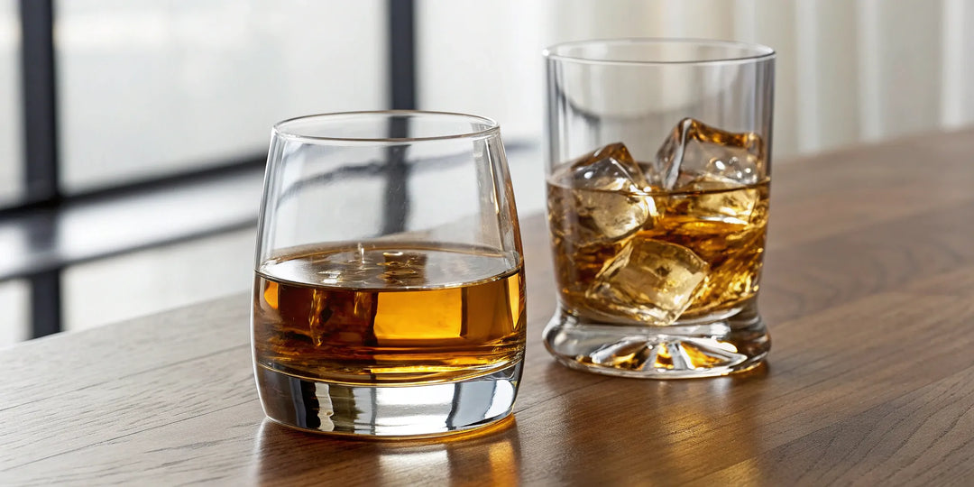 A glass of single malt scotch next to a glass of blended scotch.