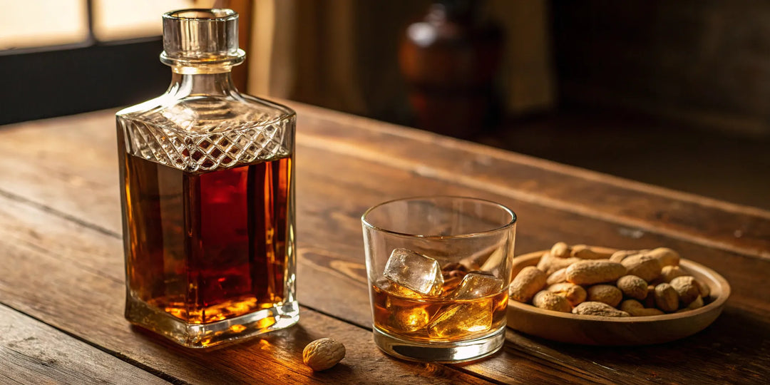 A glass of Skrewball peanut butter whiskey served on the rocks with peanuts.