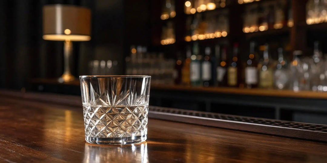 Svedka 100 Proof vodka in a crystal glass on a bar.