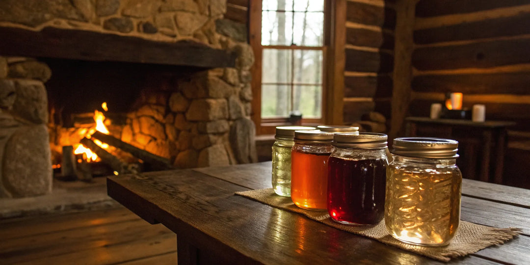 Various flavors of Ole Smoky moonshine in jars arranged on a rustic wooden table.