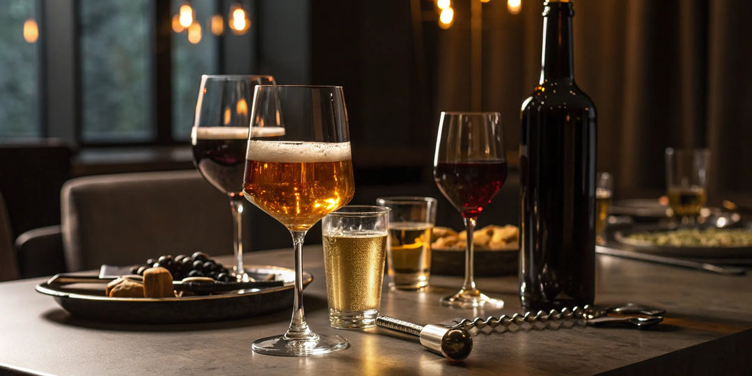 A variety of wine, beer, and spirits on a table from an online liquor shopping order.
