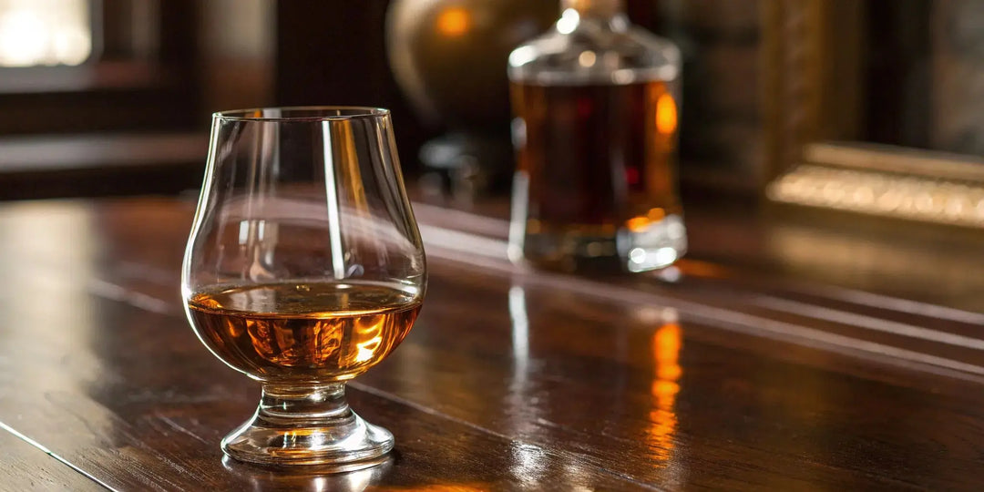 Weller Antique 107 bourbon in a glass on a bar with the bottle.