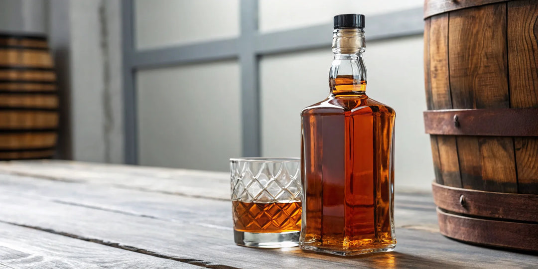 A glass of bourbon, a bottle, and the new charred oak barrel that defines what bourbon is.